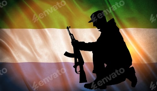 Preview: Flag With Original Proportions. Flag Of The Sierra Leone With The Silhouette Of A Soldier With A Gun