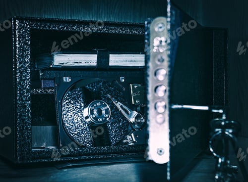 Preview: Toned Photo Of The Opened Safe With Hard Disk Drive