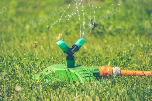 Preview: Garden Watering. Garden Hose And Sprinkler