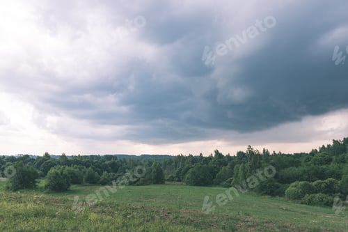 Preview: Countryside Fields In Autumn With Forests In Background And Clouds Above - Vintage Effect