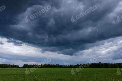 Preview: Contrast Rain Storm Clouds Over Green Meadow And Some Trees In Summer. Blue Sky Before The Rain