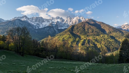 Preview: Sunrise In The Mountains And Hills In The Spring With Cottage And Trees.