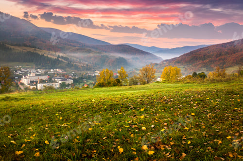 Preview: Autumn Landscape. Village On The Hillside. Forest In Fog On Mountains At Sunrise