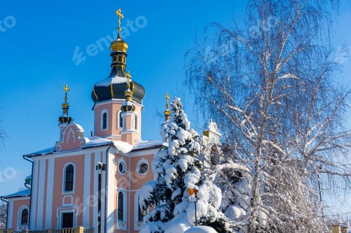 Preview: Winter Landscape - Orthodox Church In The Snow Among Trees On A Cold Frosty Day