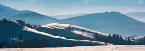Preview: Gorgeous Winter Panorama Of Snowy Rolling Hills. Beautiful Landscape With Forested Mountains In A