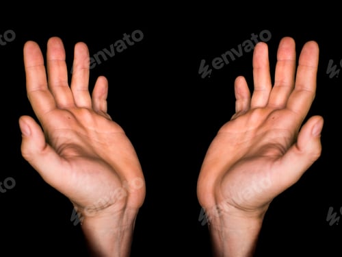 Preview: Low Key, Close Up Of Hands Of A Faithful Mature Man Praying, Hands Folded, Interlaced Fingers In