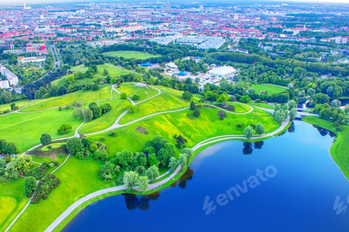 Preview: Olympiasee Lake And Park In Munich Aerial View