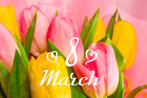 Preview: Holiday Card - A Bouquet Of Fresh Spring Pink And Yellow Tulips, Holiday Greetings, Handwritten