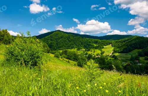 Preview: Grassy Hillside Of Mountainous Countryside. Lovely Summer Scenery With Village In A Green Valley