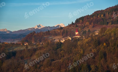 Preview: Sunrise In Slovenian Countryside With Village Zasip Below Triglav And Julian Alps.