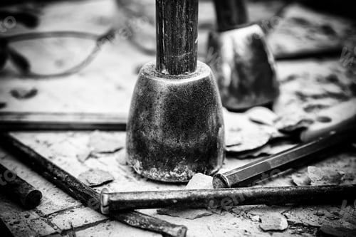 Preview: Old Tools For Stone Carving Handcrafted, Detail Of A Manual Craft
