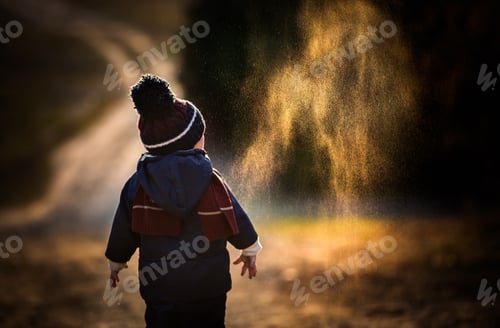 Preview: Caucasian Boy Playing Outdoor At Springtime. Boy Throwing Sand