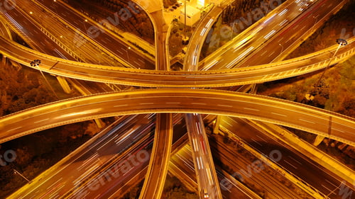 Preview: Aerial Drone Slow Shutter Night Shot Of Urban Elevated Toll Ring Road Junction And Interchange