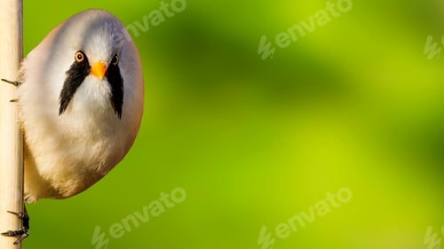 Preview: Cute Little Bird. Green Nature Background. Bird: Bearded Reedling. Panurus Biarmicus.