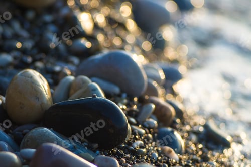 Preview: Pebble Stones On The Sea Beach, The Rolling Waves Of The Sea With Foam