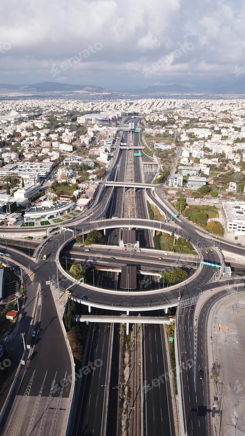 Preview: Aerial Drone Photo Of Urban Elevated Toll Ring Road Junction And Interchange Overpass Passing