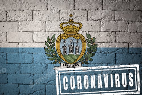 Preview: Flag Of The San-Marino With Original Proportions. Stamped Of Coronavirus. Brick Wall Texture