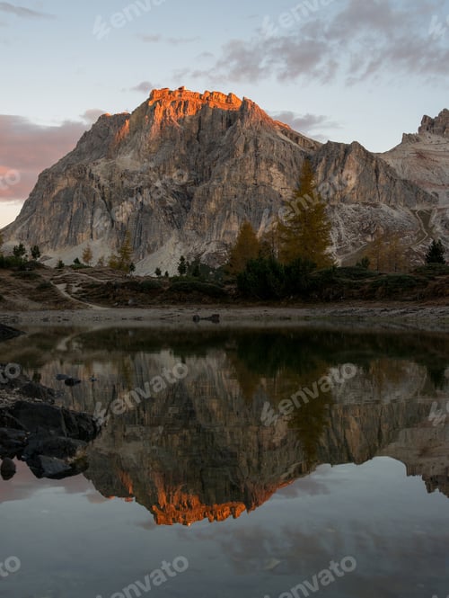 Preview: Autumn Scenery By The Lake Limides In Dolomites Mountains.