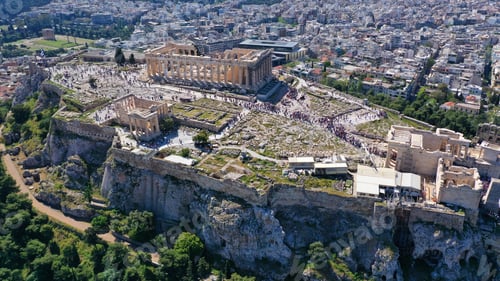 Preview: Aerial Birds Eye View Photo Taken By Drone Of Iconic Acropolis Hill And The Parthenon, Athens