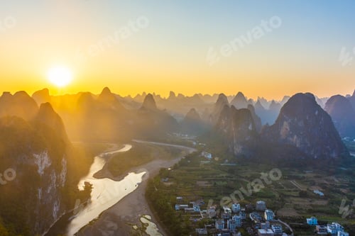 Preview: Amazing Sunset Over The Karst Landscape Of Xingping, Guilin, China