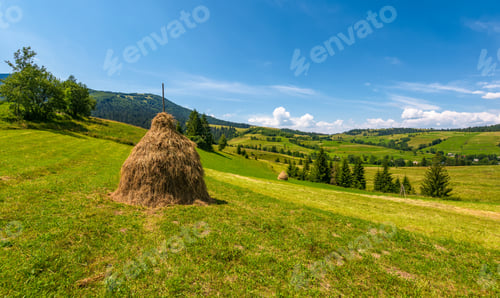 Preview: Haystack On A Grassy Rural Field In Mountains. Beautiful Countryside Landscape With Forested Hills