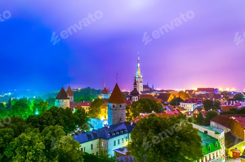 Preview: Aerial View Of The Old Town Of Tallin Dominated By Saint Olaf Church During Night, Estonia.