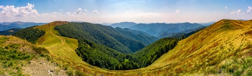 Preview: Gorgeous Panorama Of Alpine Mountain Ridge With Grassy Meadows. Lovely Early Autumn Landscape In