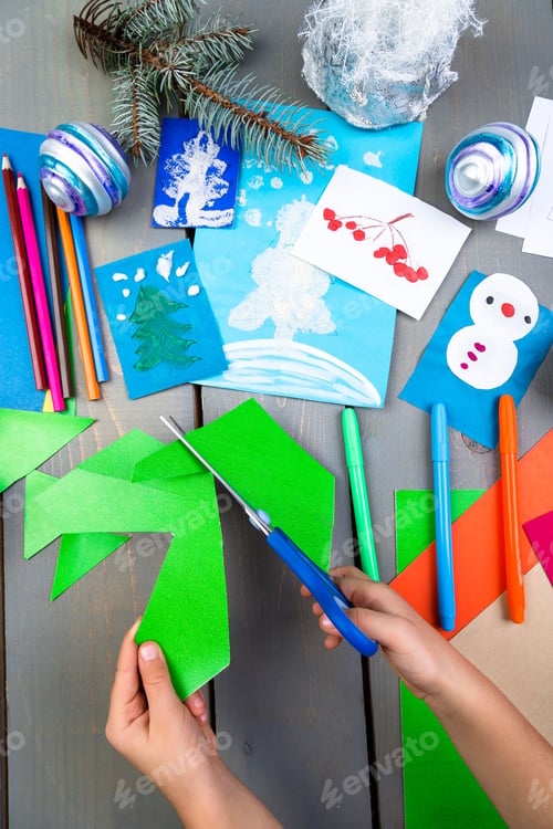 Preview: Child Hands Make Handmade Christmas Toys From Cardboard. Children'S Diy Concept