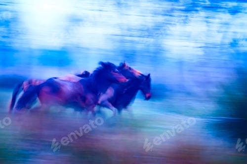 Preview: Running Wild Horses. Motion Blur Background. Abstract Nature And Animals Photos.