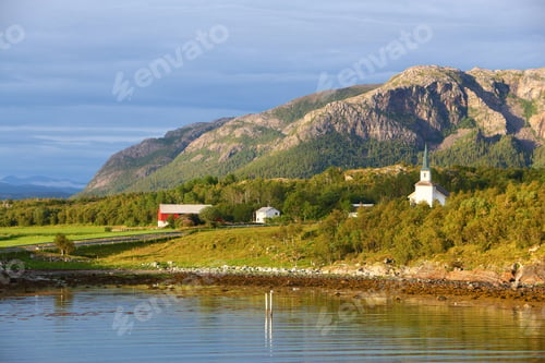 Preview: Bindal Municipality In Norway. Rural Landscape With Village Church.