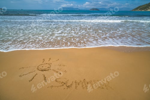 Preview: Picture Image Of Sun And Word Summer Drawn On Sand Gerakas Beach In Summer, Zante Island, Greece