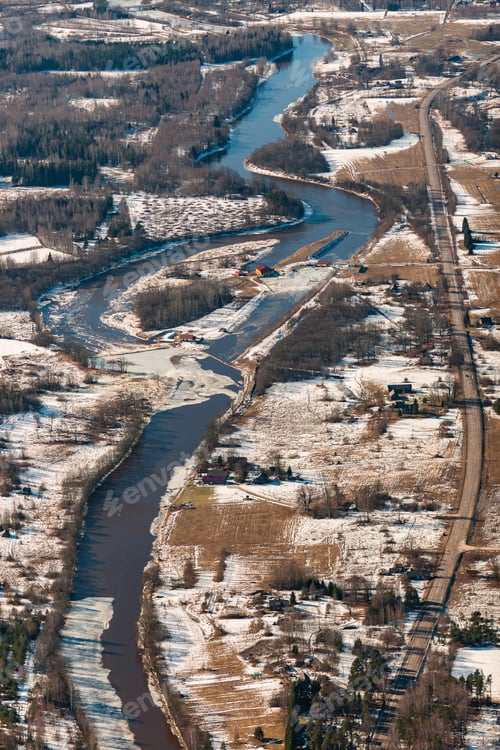 Preview: Aerial View Over The Small River In Spring Time