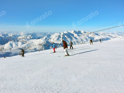 Preview: Ski Resort Slopes, Skiers, Mountain Panorama In France, French Alps