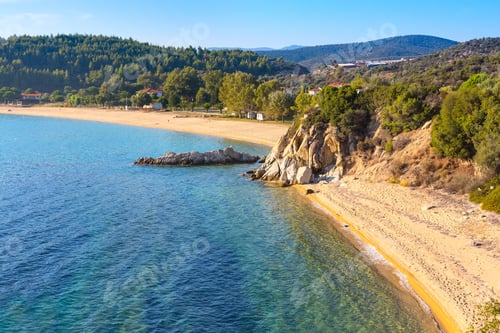 Preview: Vacation Background With Sea Water And Sandy Beach Aerial View In Sithonia, Greece