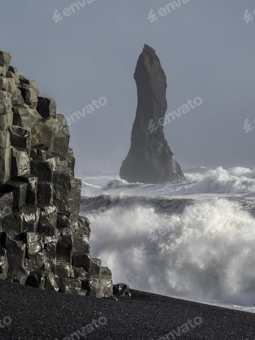 Preview: Views Around Reynisdrangar Sea Stacks From Beach Iceland, Northern Europe In Winter With Snow And