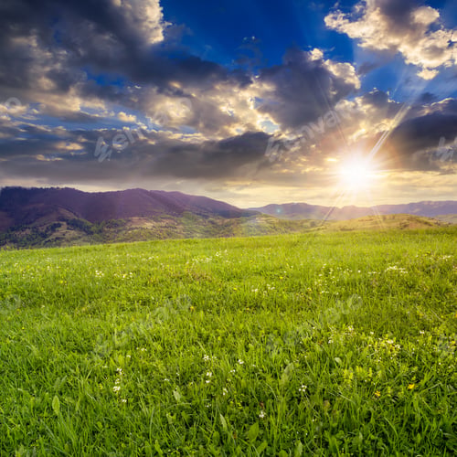 Preview: Mountain Summer Landscape. Meadow On Hillside At Sunset