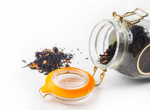 Preview: Black Tea With Blackberries, Strawberries And Rose Petals In A Sealed Glass Jar On White Background