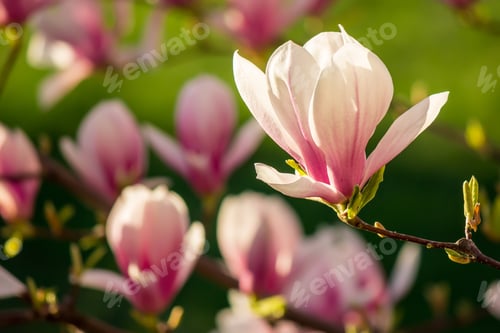Preview: Magnolia Flowers Close Up On A Blur Green Grass And Leaves Background