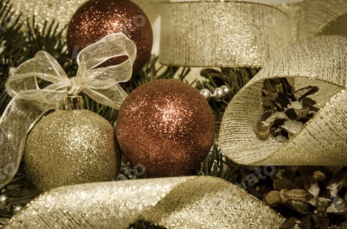 Preview: Pine Cone And Christmas Ball Over Green Pine Branches