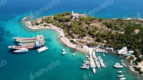 Preview: Aerial Drone Bird'S Eye View Of Vegitated Area Of Kouzounas With Greek Navy Lighthouse And Small