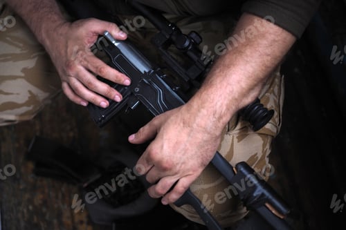 Preview: Soldier Hands And Sniper Rifle Close Up. War.