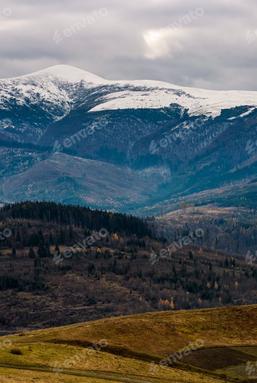 Preview: Snowy Mountain Ridge In Late Autumn. Hills With Forest And Weathered Grassy Meadows. Gloomy Cold