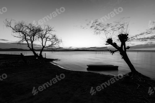 Preview: An Empty Little Boat In Trasimeno Lake (Umbria, Italy) At Dusk, Near A Skeletal Tree