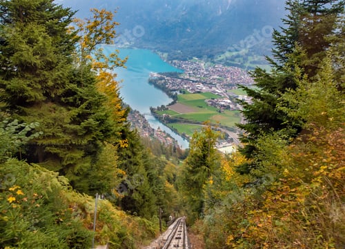 Preview: Aerial View Of Interlaken Town And And Lake Brienz From Funicular On Harder Kulm, Switzerland.