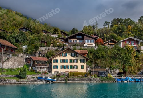 Preview: Wood Chalets At The Shores Of Lake Brienz. Interlaken, Switzerland.