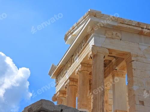 Preview: Zoom Detail Photo Of Iconic Temple Of Athena Nike In Propylaia With Beautiful Clouds And Blue Sky