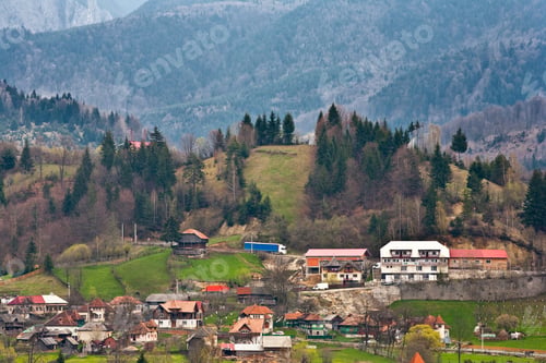 Preview: Beautiful Landscape With Village Houses And Mountains