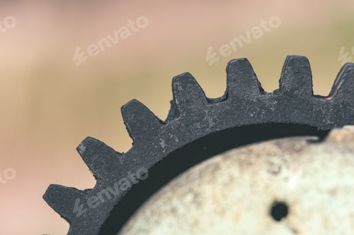 Preview: Part Of The Old Mechanism With Metal Gears Sprockets Chain And Other Parts Covered With Rust