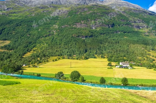 Preview: Olden, Norway. Nordic Summer Landscape With Turquoise Water River From Glacier In The Mountains