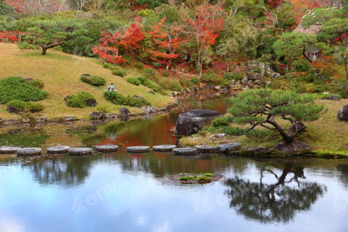 Preview: Nara, Japan. Beautiful Traditional Japanese Garden In Autumn - Isuien Garden. Autumn Foliage.